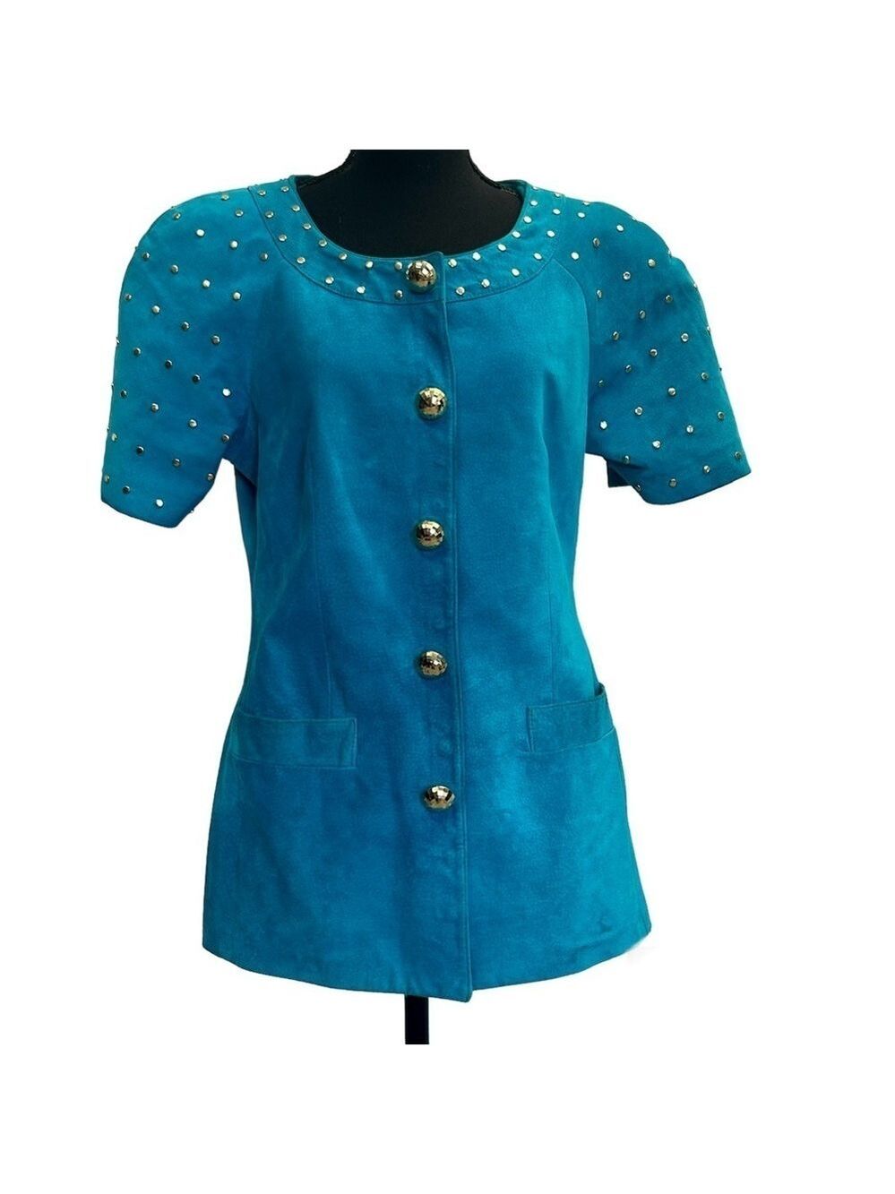 Danier Leather vintage blue suede short sleeve gold studded jacket Sz S